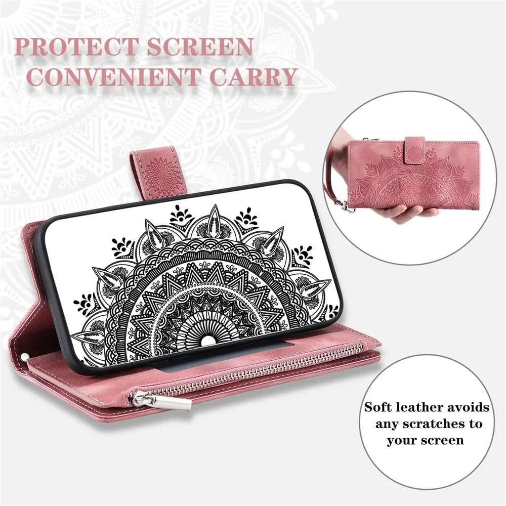 For Samsung Galaxy S21 5G Mandala Flower Imprinted Full Coverage PU Leather Phone Cover Stand with Multiple Card Slots Zipper Pocket Wallet Case - Rose Gold - 6