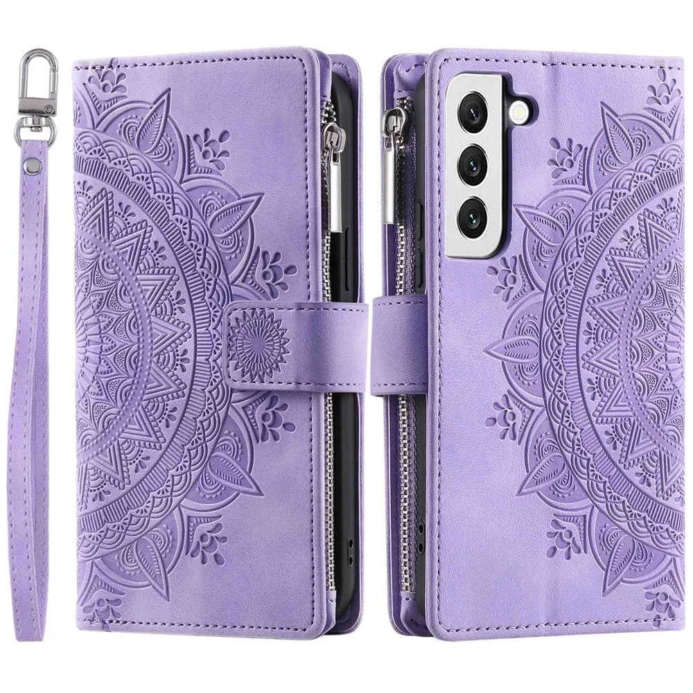 For Samsung Galaxy S21 FE 5G Mandala Flower Imprinted PU Leather Phone Cover Hands-free Stand with Multiple Card Slots Zipper Pocket Wallet Case - Purple - 1