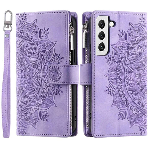 For Samsung Galaxy S21 FE 5G Mandala Flower Imprinted PU Leather Phone Cover Hands-free Stand with Multiple Card Slots Zipper Pocket Wallet Case - Purple - 1