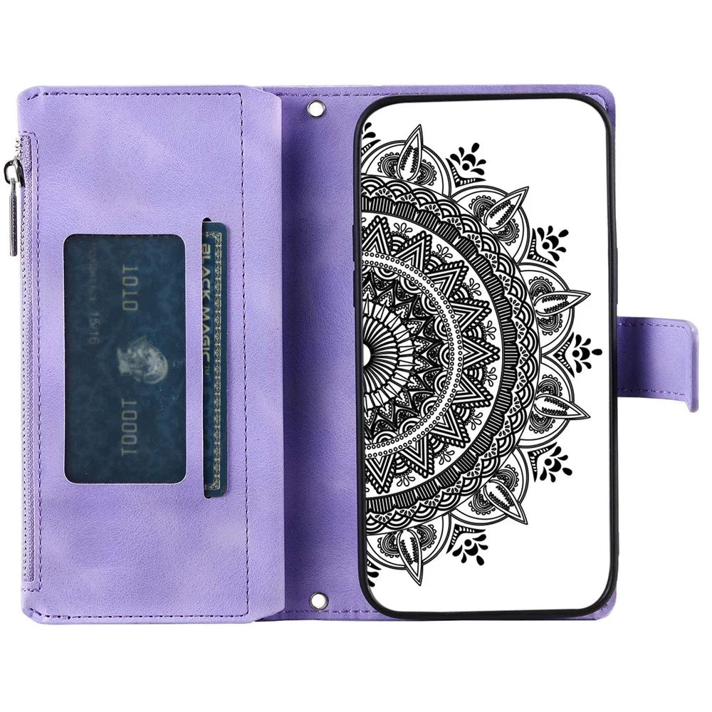 For Samsung Galaxy S21 FE 5G Mandala Flower Imprinted PU Leather Phone Cover Hands-free Stand with Multiple Card Slots Zipper Pocket Wallet Case - Purple - 2