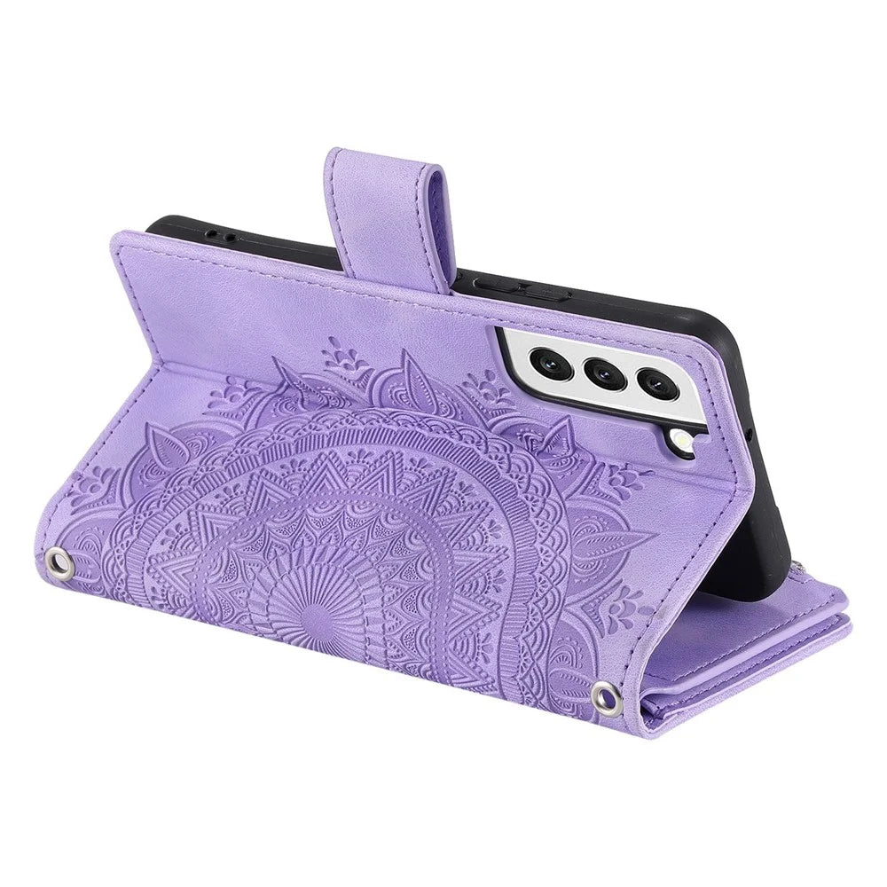 For Samsung Galaxy S21 FE 5G Mandala Flower Imprinted PU Leather Phone Cover Hands-free Stand with Multiple Card Slots Zipper Pocket Wallet Case - Purple - 3