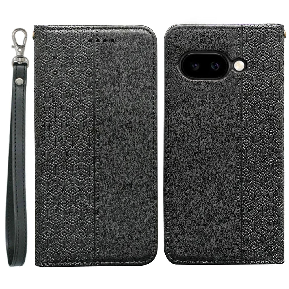 For Google Pixel 9a Wallet Phone Case Checkered Pattern Imprint Leather Flip Cover with Wrist Strap - Black - 1