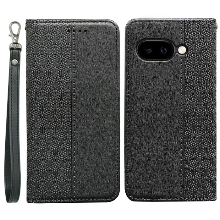For Google Pixel 9a Wallet Phone Case Checkered Pattern Imprint Leather Flip Cover with Wrist Strap - Black - 1