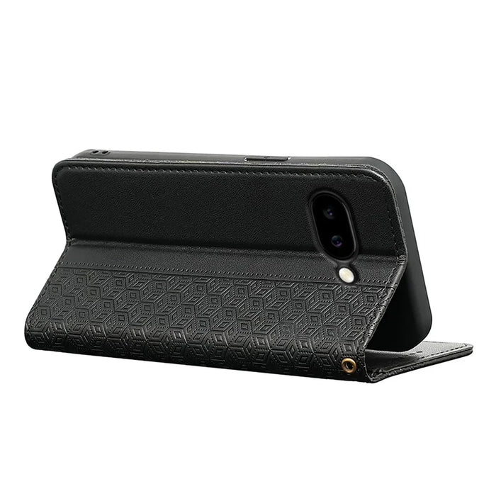 For Google Pixel 9a Wallet Phone Case Checkered Pattern Imprint Leather Flip Cover with Wrist Strap - Black - 4