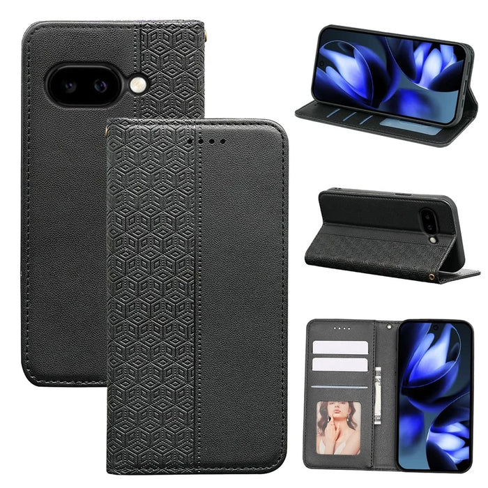 For Google Pixel 9a Wallet Phone Case Checkered Pattern Imprint Leather Flip Cover with Wrist Strap - Black - 5