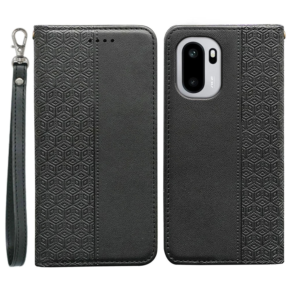 For OnePlus 15R 5G / Ace 6T 5G / Ace 6 5G Wallet Phone Case Checkered Pattern Imprint Leather Flip Cover with Wrist Strap - Black - 1