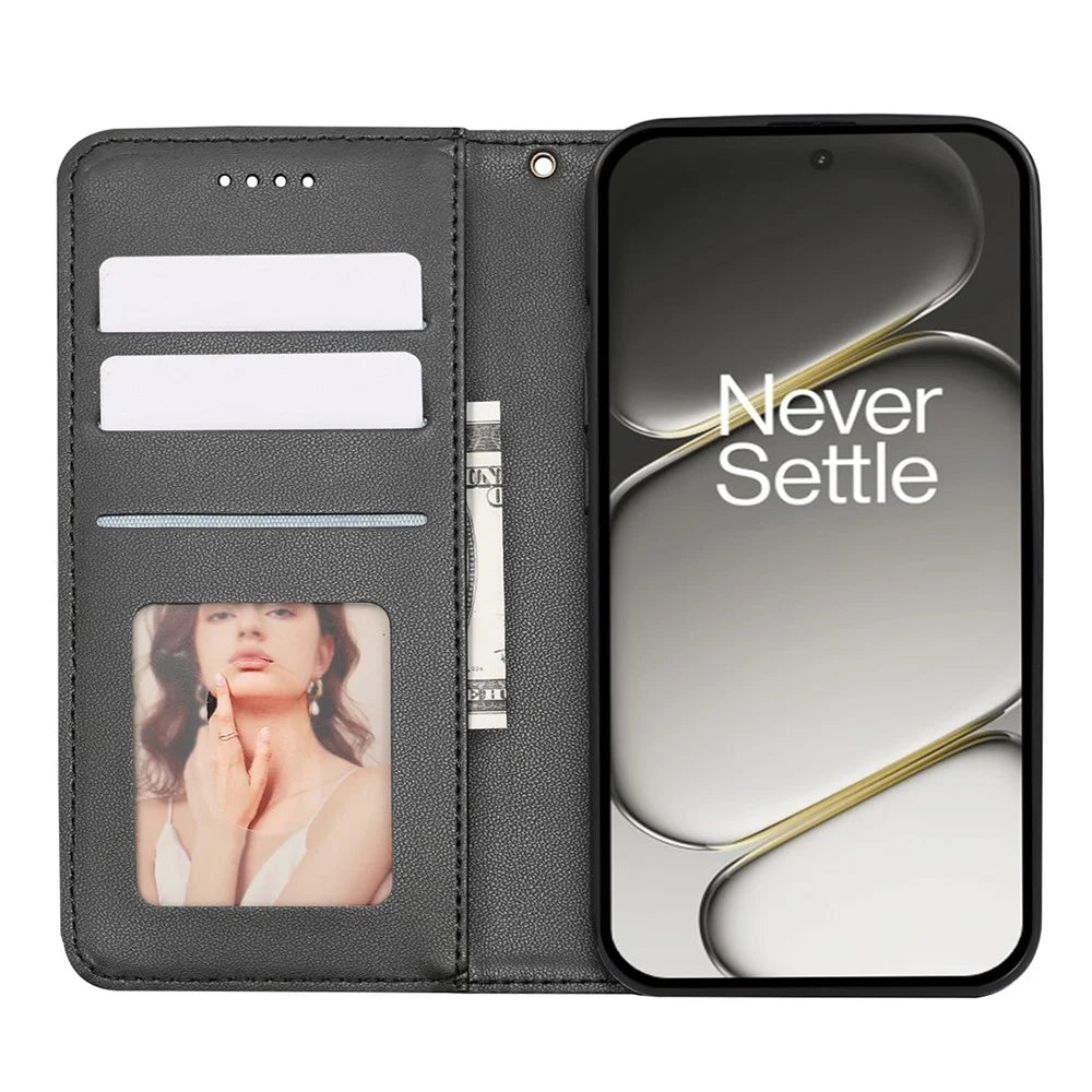 For OnePlus 15R 5G / Ace 6T 5G / Ace 6 5G Wallet Phone Case Checkered Pattern Imprint Leather Flip Cover with Wrist Strap - Black - 2
