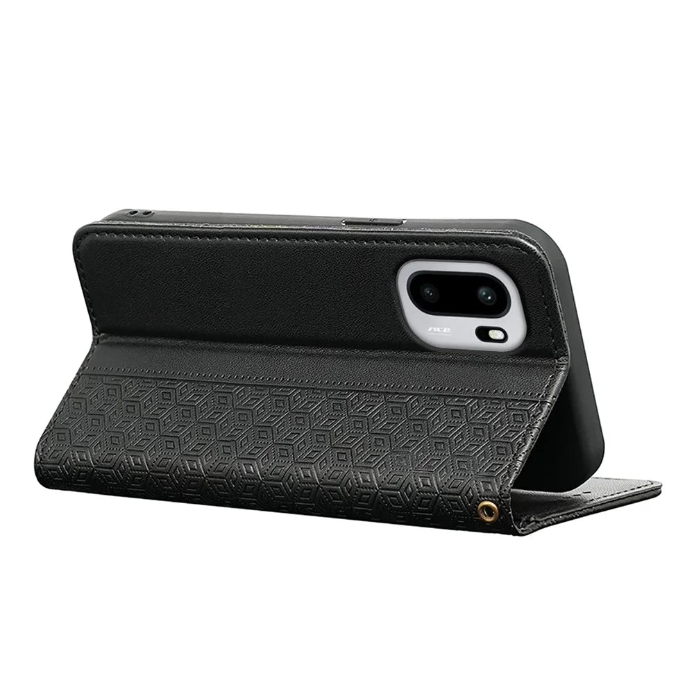 For OnePlus 15R 5G / Ace 6T 5G / Ace 6 5G Wallet Phone Case Checkered Pattern Imprint Leather Flip Cover with Wrist Strap - Black - 4