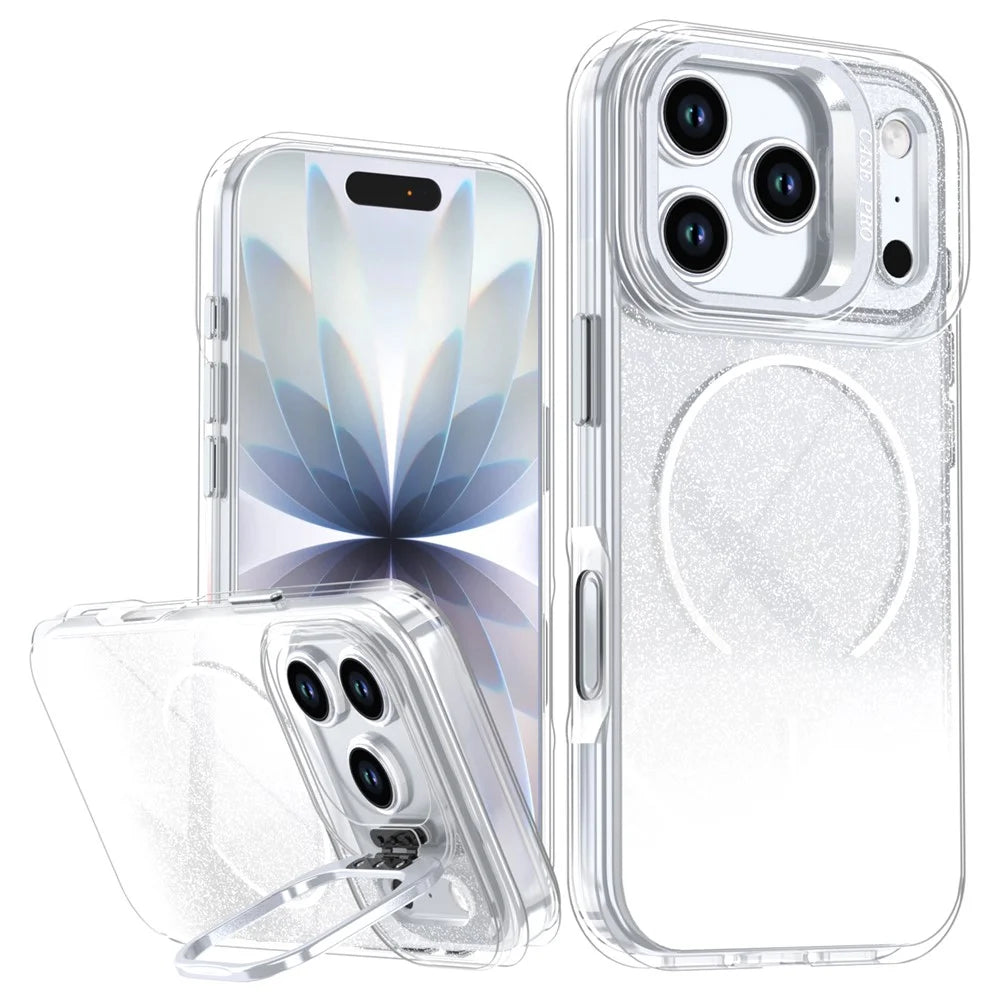 For iPhone 17 Pro Magnetic Case Gradient Glitter Shockproof TPU PC Phone Cover Compatible with MagSafe - White - 1