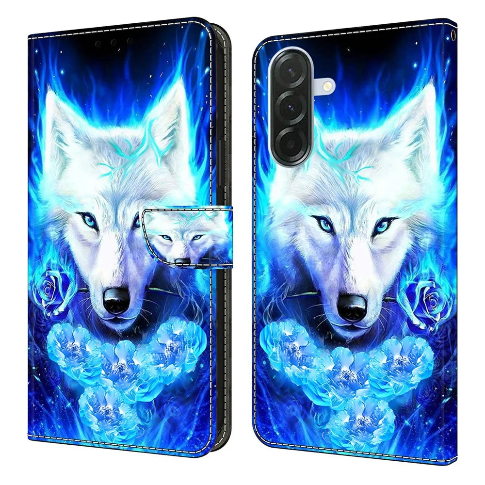 For Samsung Galaxy A37 5G Leather Case Pattern Printing Wallet Stand Flip Phone Cover - White Wolf - 1