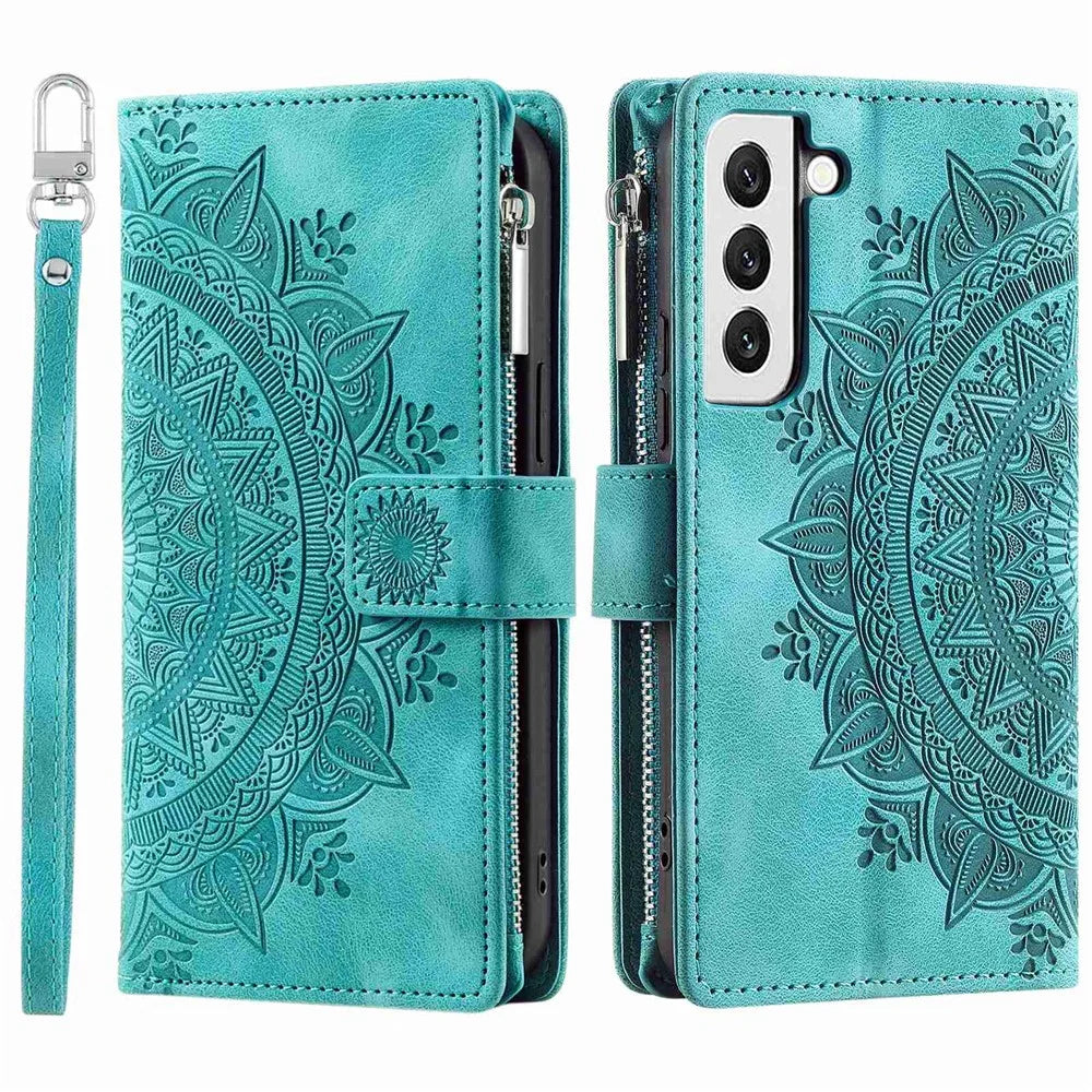 For Samsung Galaxy S22+ 5G Mandala Flower Imprinted Bump Proof PU Leather Phone Cover Stand with Multiple Card Slots Zipper Pocket Wallet Case - Green - 1