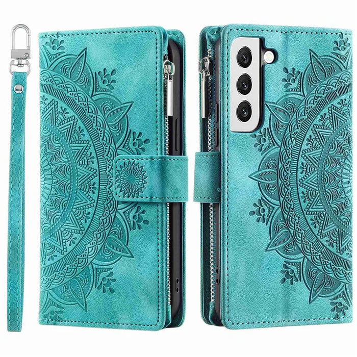 For Samsung Galaxy S22+ 5G Mandala Flower Imprinted Bump Proof PU Leather Phone Cover Stand with Multiple Card Slots Zipper Pocket Wallet Case - Green - 1