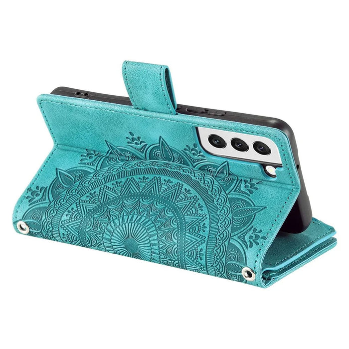 For Samsung Galaxy S22+ 5G Mandala Flower Imprinted Bump Proof PU Leather Phone Cover Stand with Multiple Card Slots Zipper Pocket Wallet Case - Green - 3