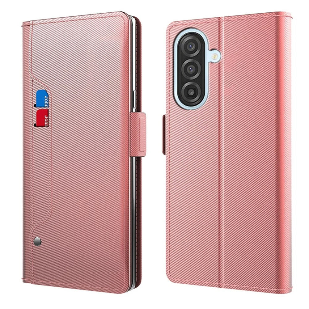 For Samsung Galaxy S26 Case Stand PU Leather Phone Cover Card Holder Mirror - Rose Gold - 1