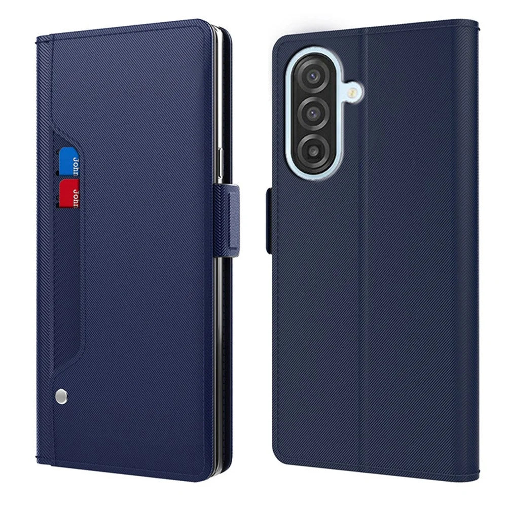 For Samsung Galaxy A57 5G Case Stand PU Leather Phone Cover Card Holder Mirror - Blue - 1