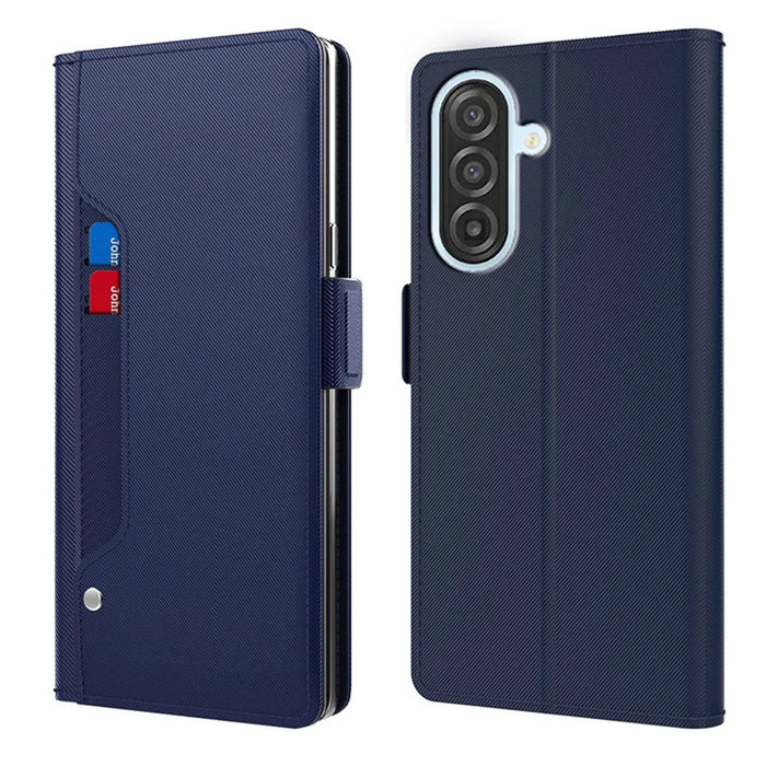 For Samsung Galaxy A57 5G Case Stand PU Leather Phone Cover Card Holder Mirror - Blue - 1