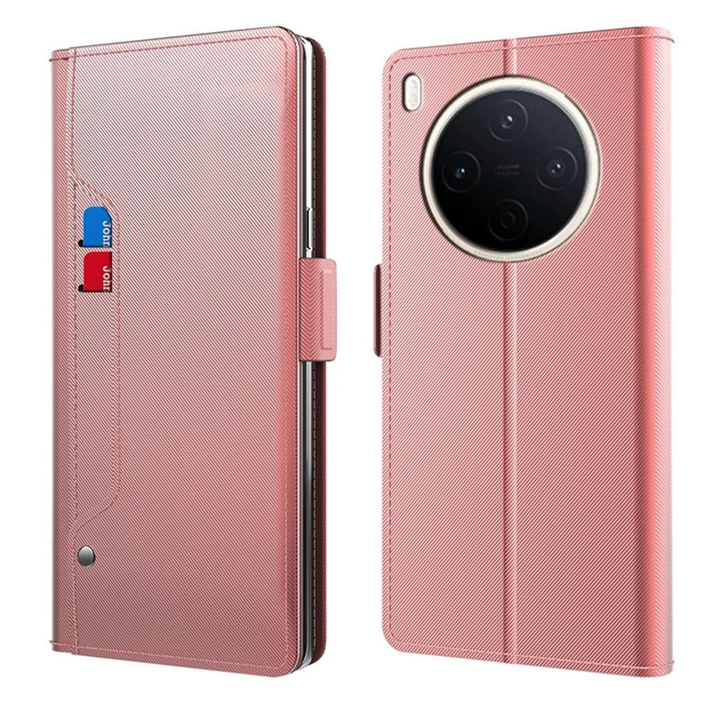 For vivo Y500 Pro 5G Case Stand PU Leather Phone Cover Card Holder Mirror - Rose Gold - 1