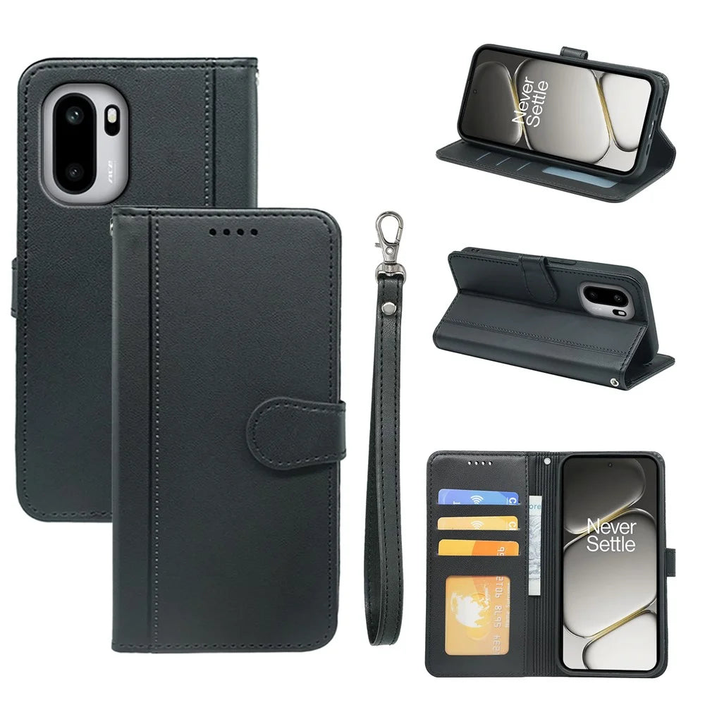 For OnePlus 15R 5G / Ace 6T 5G / Ace 6 5G Wallet Case Magnetic Snap Leather Phone Cover with Strap - Black - 1