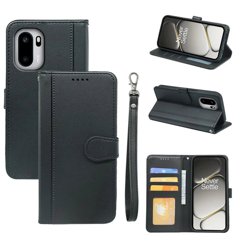 For OnePlus 15R 5G / Ace 6T 5G / Ace 6 5G Wallet Case Magnetic Snap Leather Phone Cover with Strap - Black - 1