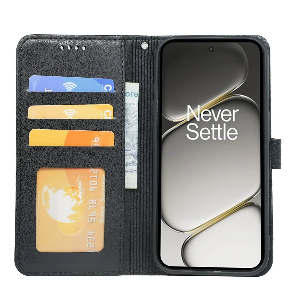 For OnePlus 15R 5G / Ace 6T 5G / Ace 6 5G Wallet Case Magnetic Snap Leather Phone Cover with Strap - Black - 2
