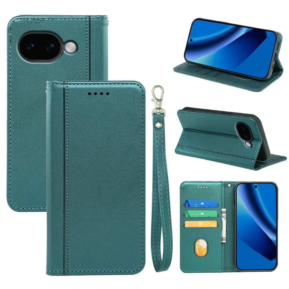 For Google Pixel 10a Wallet Case Magnetic Closing PU Leather Phone Cover with Wrist Strap - Green - 1