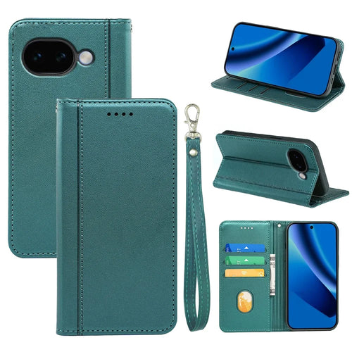 For Google Pixel 10a Wallet Case Magnetic Closing PU Leather Phone Cover with Wrist Strap - Green - 1