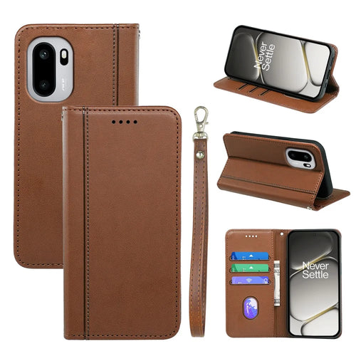 For OnePlus 15R 5G / Ace 6T 5G / Ace 6 5G Wallet Case Magnetic Closing PU Leather Phone Cover with Wrist Strap - Brown - 1