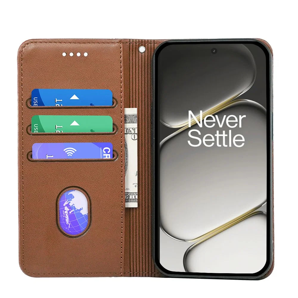 For OnePlus 15R 5G / Ace 6T 5G / Ace 6 5G Wallet Case Magnetic Closing PU Leather Phone Cover with Wrist Strap - Brown - 2