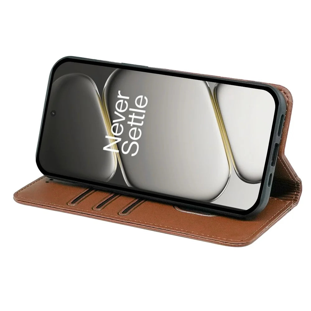 For OnePlus 15R 5G / Ace 6T 5G / Ace 6 5G Wallet Case Magnetic Closing PU Leather Phone Cover with Wrist Strap - Brown - 3