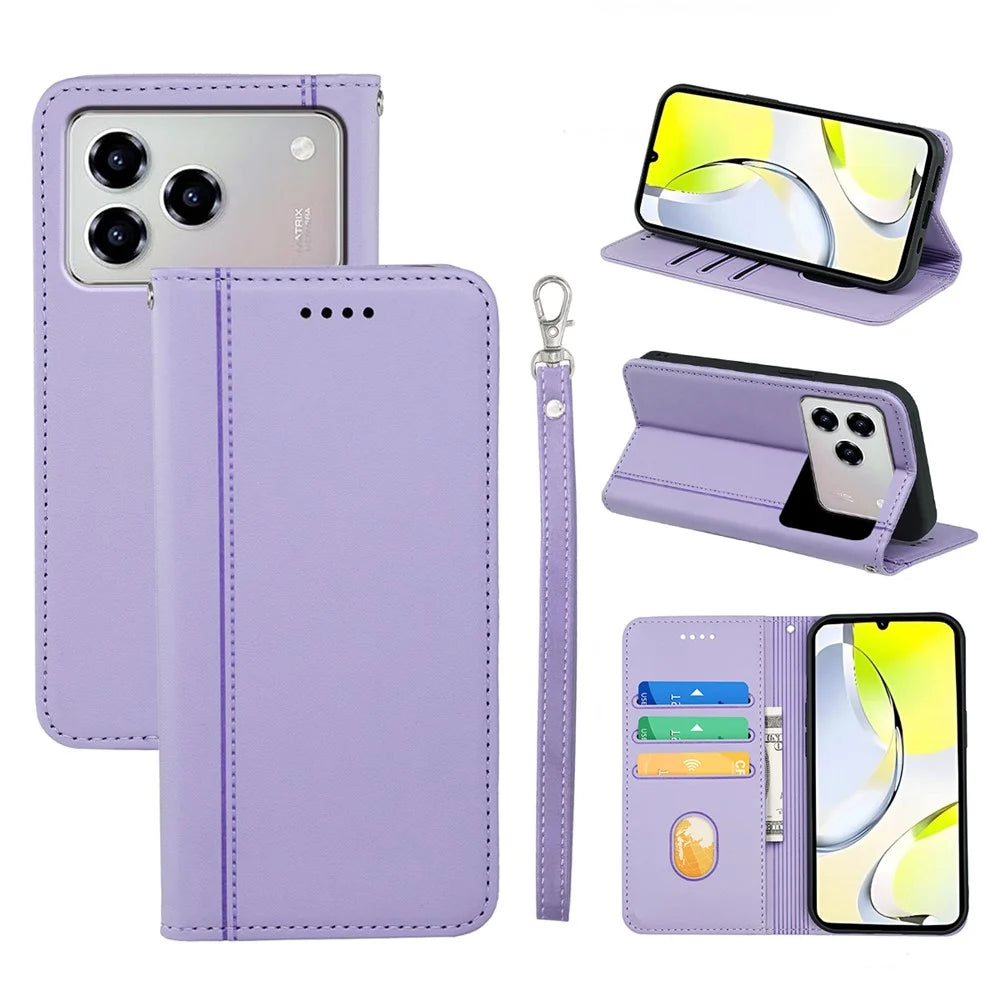 For ZTE Blade A76 4G Wallet Case Magnetic Closing PU Leather Phone Cover with Wrist Strap - Purple - 1