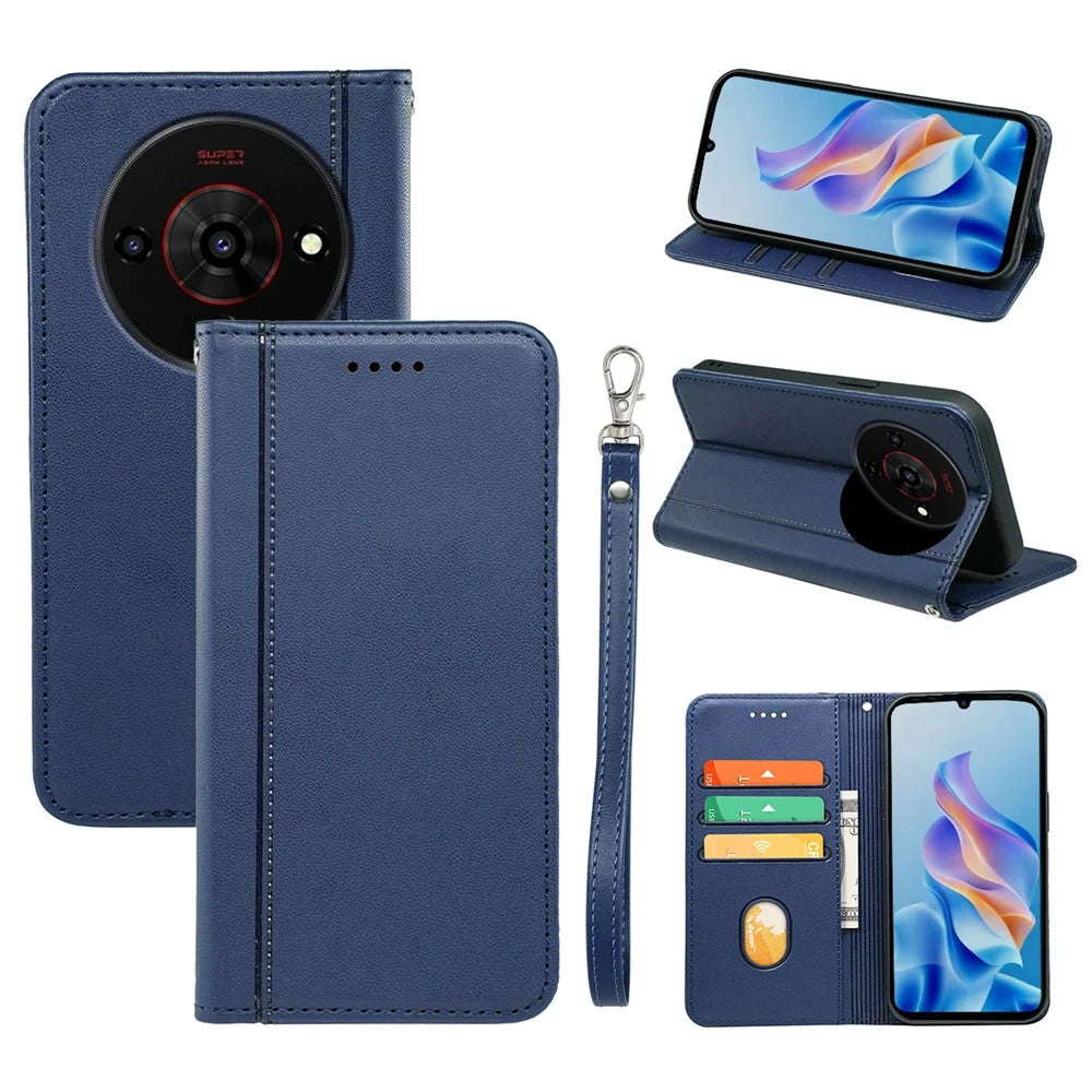 For ZTE Blade A76 5G Wallet Case Magnetic Closing PU Leather Phone Cover with Wrist Strap - Blue - 1
