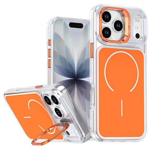 For iPhone 17 Pro Magnetic Case Matching Color Lens Kickstand TPU PC Phone Cover Compatible with MagSafe - Orange - 1