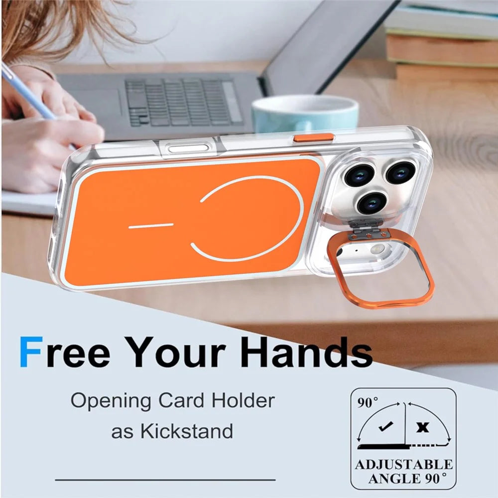For iPhone 17 Pro Magnetic Case Matching Color Lens Kickstand TPU PC Phone Cover Compatible with MagSafe - Orange - 4