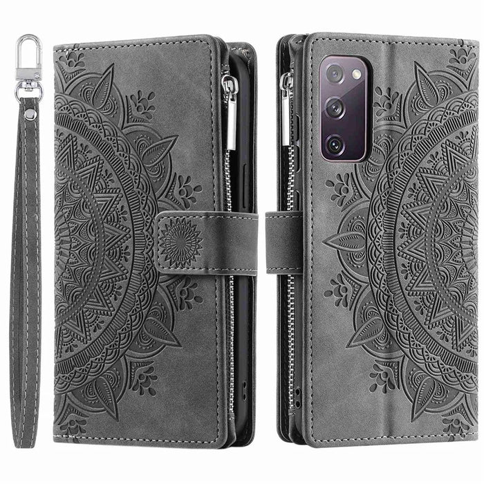For Samsung Galaxy S20 FE 4G  /  5G  /  S20 FE 2022  /  S20 Lite Zipper Pocket Phone Case, Anti-fall Mandala Flower Imprinted PU Leather Stand Cover Multiple Card Slots Wallet - Grey - 1