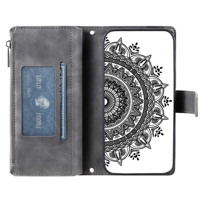 For Samsung Galaxy S20 FE 4G  /  5G  /  S20 FE 2022  /  S20 Lite Zipper Pocket Phone Case, Anti-fall Mandala Flower Imprinted PU Leather Stand Cover Multiple Card Slots Wallet - Grey - 2