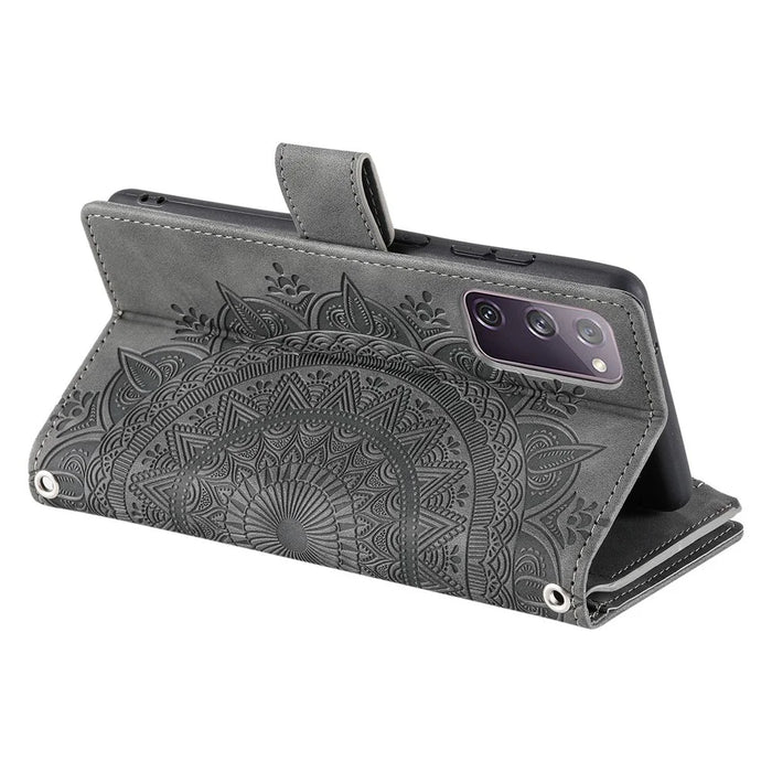 For Samsung Galaxy S20 FE 4G  /  5G  /  S20 FE 2022  /  S20 Lite Zipper Pocket Phone Case, Anti-fall Mandala Flower Imprinted PU Leather Stand Cover Multiple Card Slots Wallet - Grey - 3