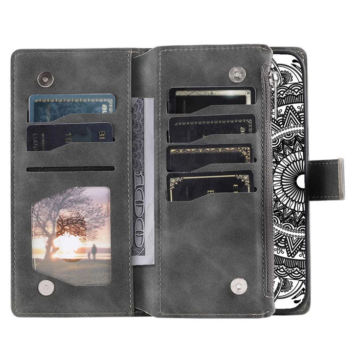 For Samsung Galaxy S20 FE 4G  /  5G  /  S20 FE 2022  /  S20 Lite Zipper Pocket Phone Case, Anti-fall Mandala Flower Imprinted PU Leather Stand Cover Multiple Card Slots Wallet - Grey - 4