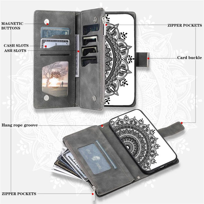 For Samsung Galaxy S20 FE 4G  /  5G  /  S20 FE 2022  /  S20 Lite Zipper Pocket Phone Case, Anti-fall Mandala Flower Imprinted PU Leather Stand Cover Multiple Card Slots Wallet - Grey - 5