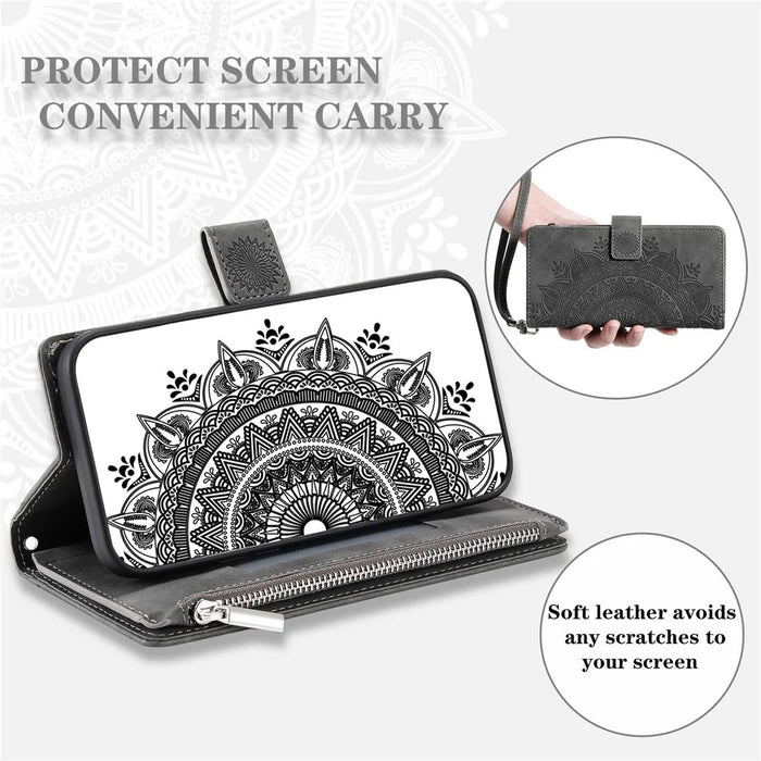 For Samsung Galaxy S20 FE 4G  /  5G  /  S20 FE 2022  /  S20 Lite Zipper Pocket Phone Case, Anti-fall Mandala Flower Imprinted PU Leather Stand Cover Multiple Card Slots Wallet - Grey - 6