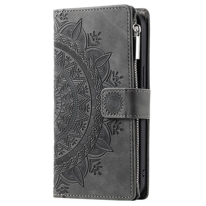 For Samsung Galaxy S20 FE 4G  /  5G  /  S20 FE 2022  /  S20 Lite Zipper Pocket Phone Case, Anti-fall Mandala Flower Imprinted PU Leather Stand Cover Multiple Card Slots Wallet - Grey - 7