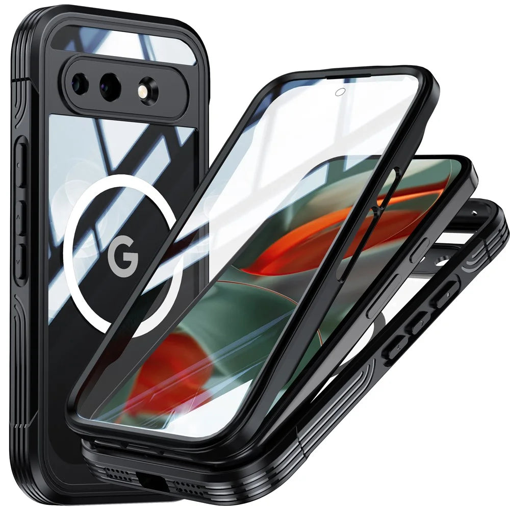 For Google Pixel 10a Magnetic Case PC + TPU Phone Cover with Tempered Glass Screen Film - Black - 1
