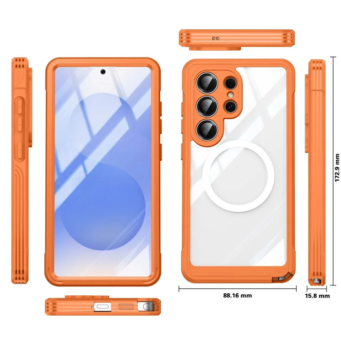 For Samsung Galaxy S26 Ultra Magnetic Case PC + TPU Phone Cover with Tempered Glass Screen Film - Orange - 5