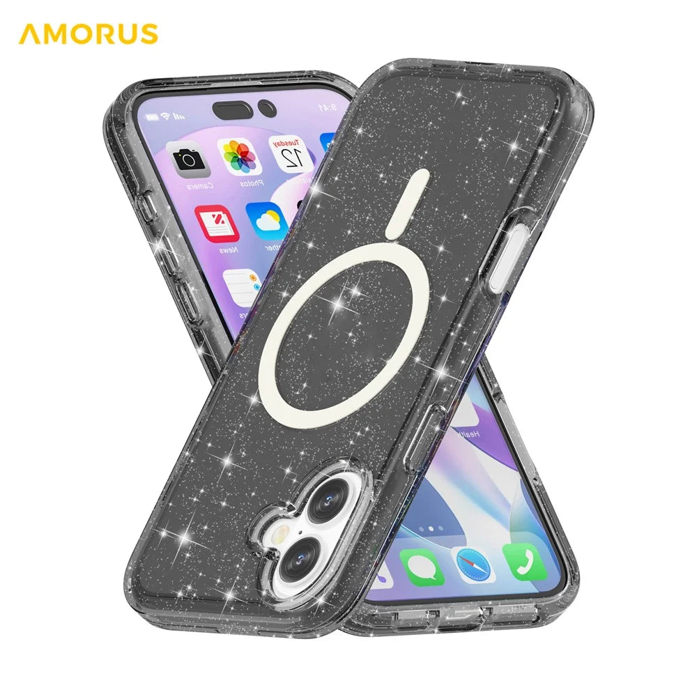 AMORUS For iPhone 17 Magnetic Case Compatible with MagSafe Glitter Powder PC + TPU Phone Cover - Black - 4