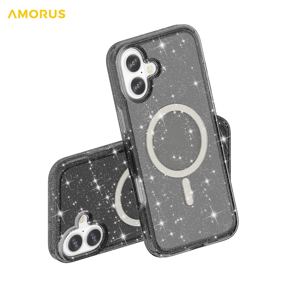 AMORUS For iPhone 17 Magnetic Case Compatible with MagSafe Glitter Powder PC + TPU Phone Cover - Black - 5