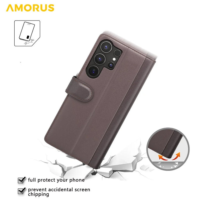 AMORUS For Samsung Galaxy S25 Ultra Stand Cases Calf Texture Genuine Split Leather Wallet Phone Cover - Brown - 4