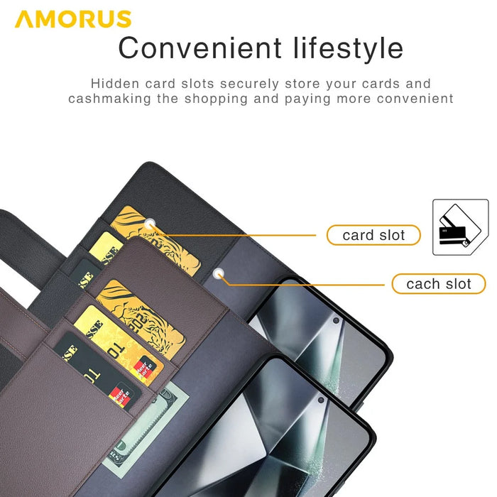 AMORUS For Samsung Galaxy S25 Ultra Stand Cases Calf Texture Genuine Split Leather Wallet Phone Cover - Brown - 6