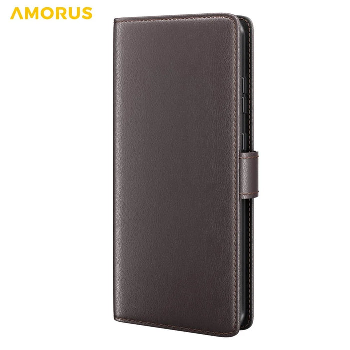 AMORUS For Samsung Galaxy S25 Ultra Stand Cases Calf Texture Genuine Split Leather Wallet Phone Cover - Brown - 7