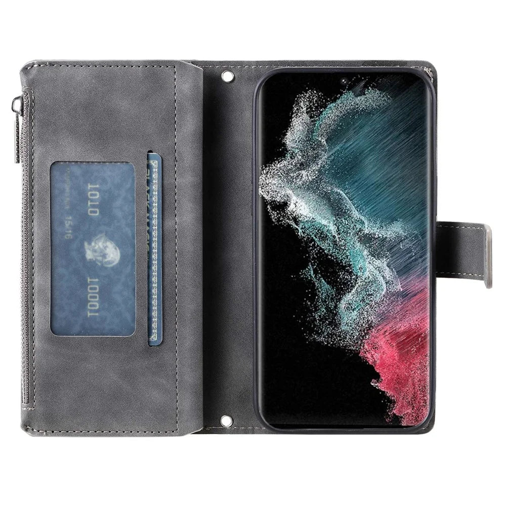 For Samsung Galaxy S22 Ultra 5G Zipper Pocket Phone Case, Mandala Flower Imprinted PU Leather Stand Cover Multiple Card Slots Wallet - Grey - 2