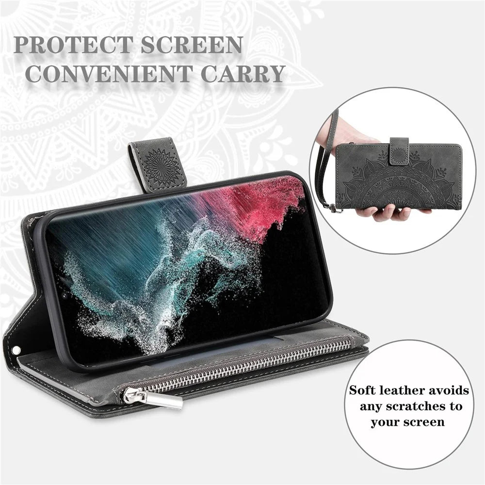 For Samsung Galaxy S22 Ultra 5G Zipper Pocket Phone Case, Mandala Flower Imprinted PU Leather Stand Cover Multiple Card Slots Wallet - Grey - 6