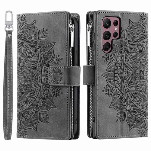 Zipper Pocket Phone Case for Samsung Galaxy S23 Ultra, Mandala Flower Imprinted PU Leather Stand Cover Multiple Card Slots Wallet - Grey - 1